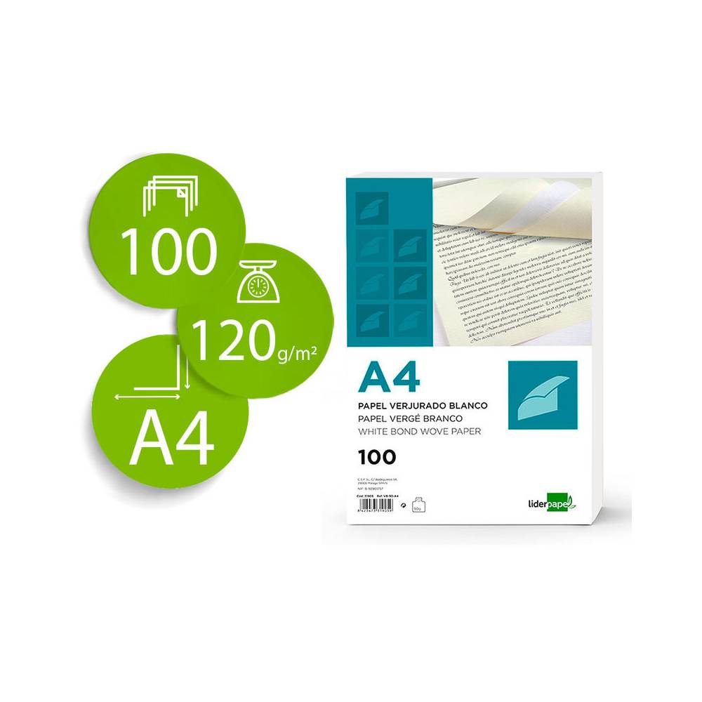 Papel verjurado liderpapel a4 120g/m2 blanco paquete de 100 hojas