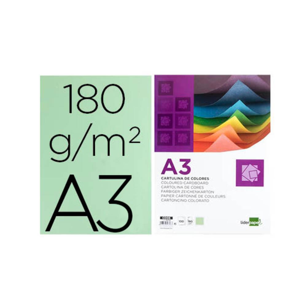 Cartulina liderpapel a3 180g/m2 verde paquete de 100 hojas