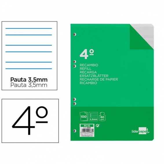 Recambio liderpapel cuarto 100 hojas 60g/m2 pauta 4ª 3.5mm con margen 6 taladros