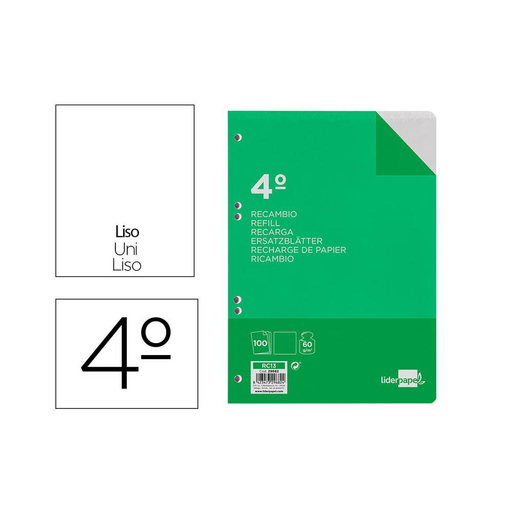 Recambio liderpapel cuarto 100 hojas 60g/m2 liso sin margen 6 taladros