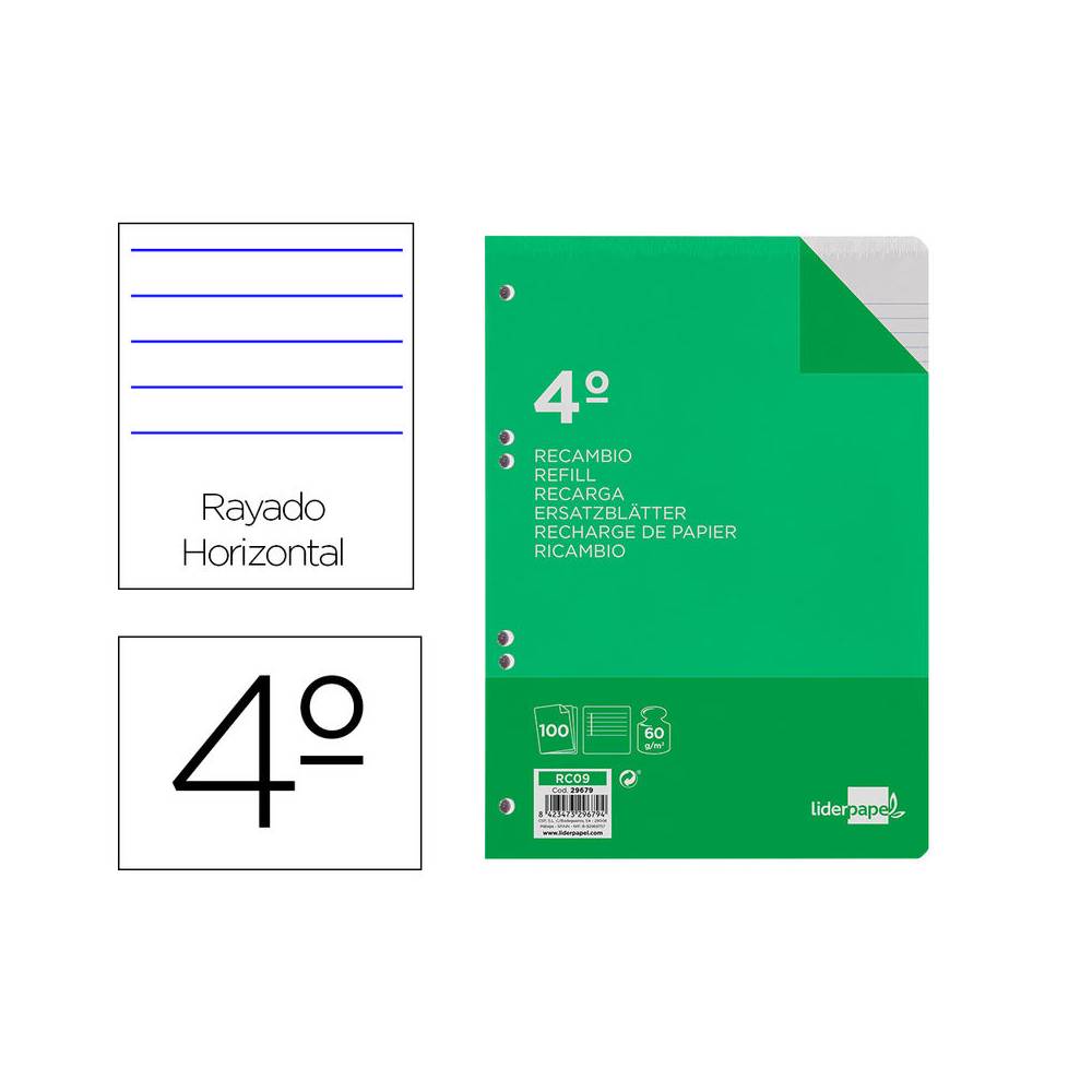 Recambio liderpapel cuarto 100 hojas 60g/m2 horizontal con margen 6 taladros