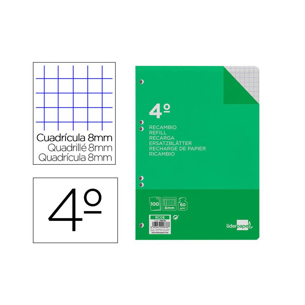 Recambio liderpapel cuarto 100 hojas 60g/m2 cuadro 8mm con margen 6 taladros