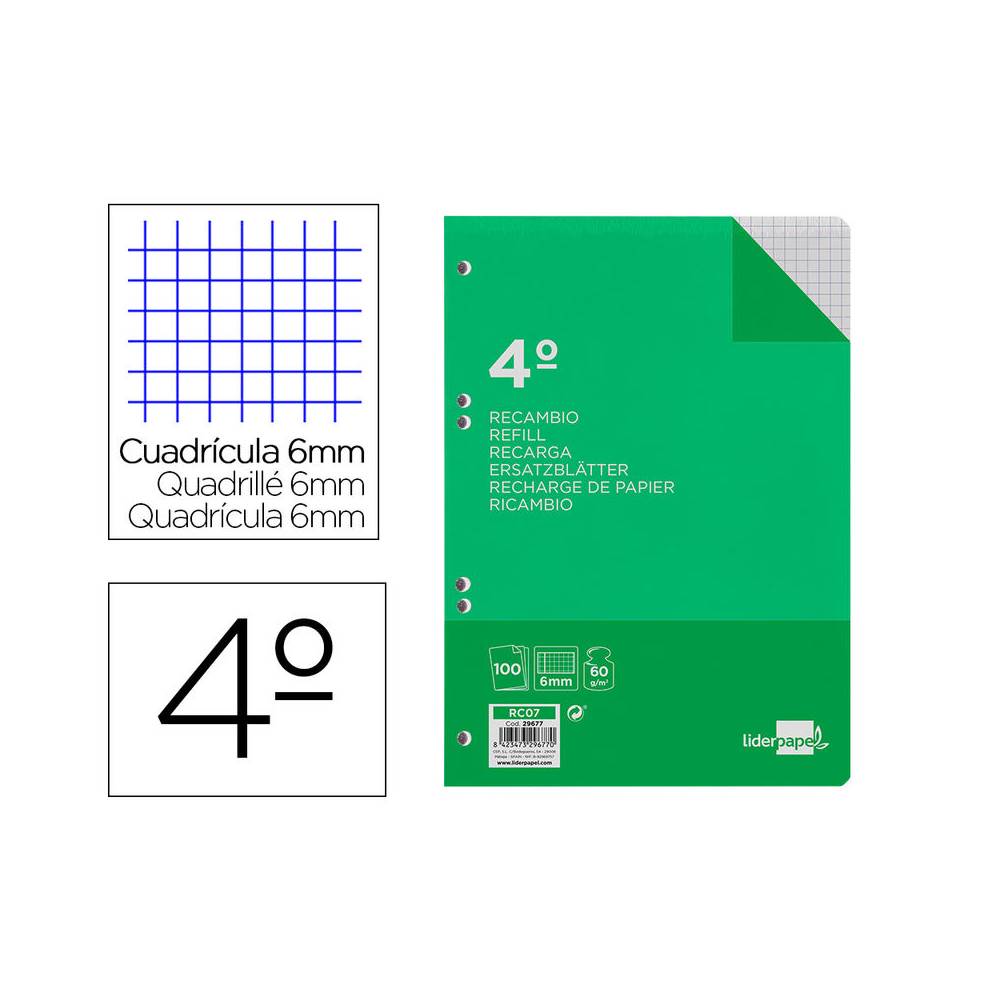 Recambio liderpapel cuarto 100 hojas 60g/m2 cuadro 6mm con margen 6 taladros