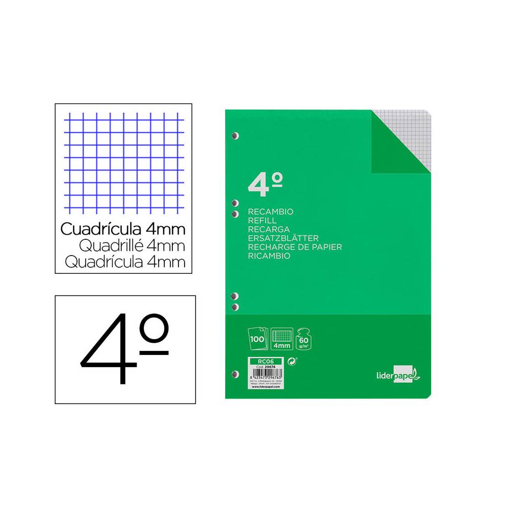 Recambio liderpapel cuarto 100 hojas 60g/m2 cuadro 4mm con margen 6 taladros