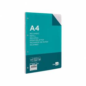 Recambio liderpapel a4 100 hojas 100g/m2 cuadro 5mm con margen 4 taladros