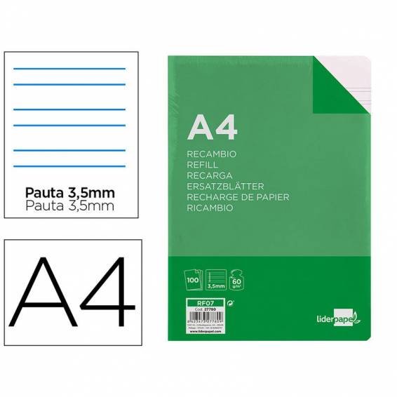 Recambio liderpapel a4 100 hojas 60g/m2pauta 4ª 3.5mm con margen 4 taladros