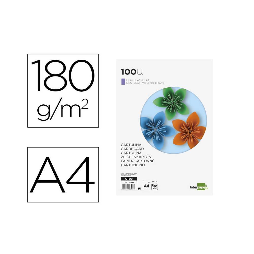 Cartulina liderpapel a4 180g/m2 lila paquete de 100 hojas