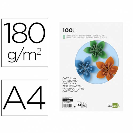 Cartulina liderpapel a4 180g/m2 verde billar paquete de 100 hojas