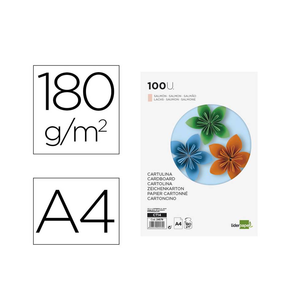 Cartulina liderpapel a4 180g/m2 salmon paquete de 100 hojas