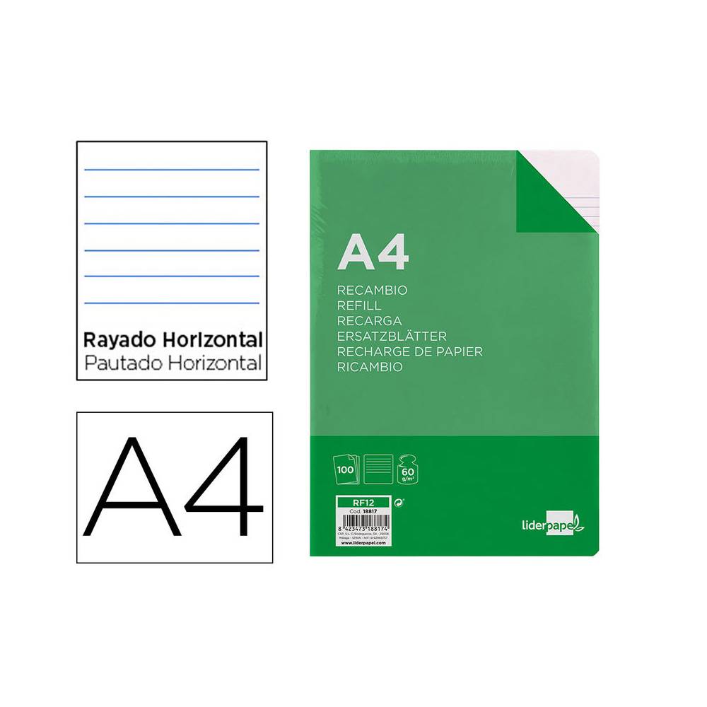 Recambio liderpapel a4 100 hojas 60g/m2 horizontal sin margen 16 taladros