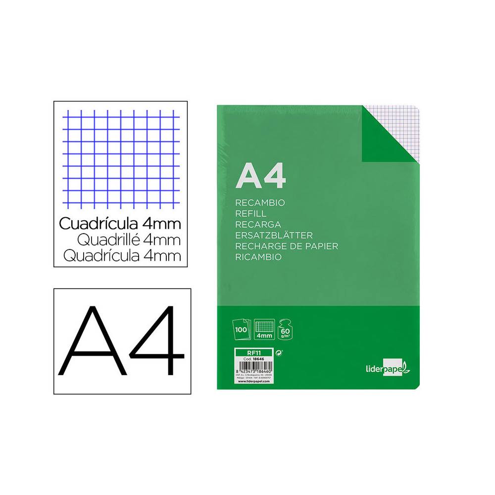 Recambio liderpapel a4 100 hojas 60g/m2 cuadro 4 mm con margen 16 taladros