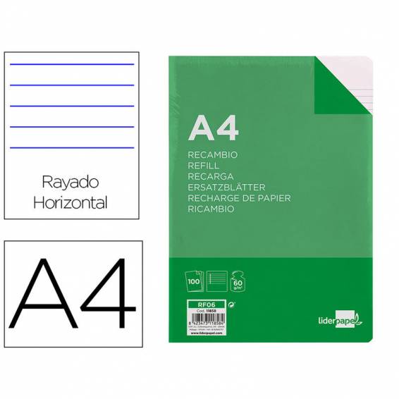 Recambio liderpapel a4 100 hojas 60g/m2 horizontal con margen 4 taladros