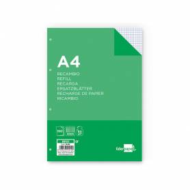 Recambio liderpapel a4 100 hojas 60g/m2 cuadro 4 mm con margen 4 taladros