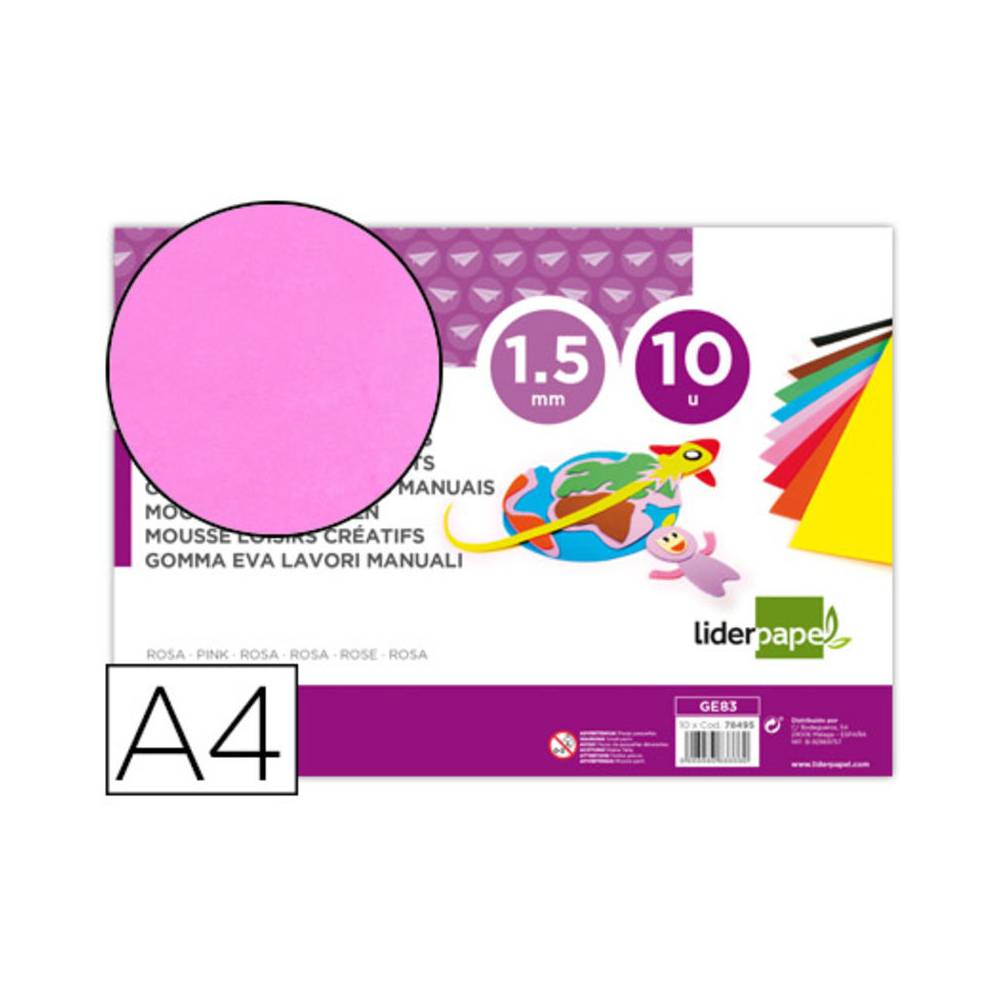 Goma eva liderpapel din a4 60g/m2 espesor 1,5mm rosa paquete de 10 hojas