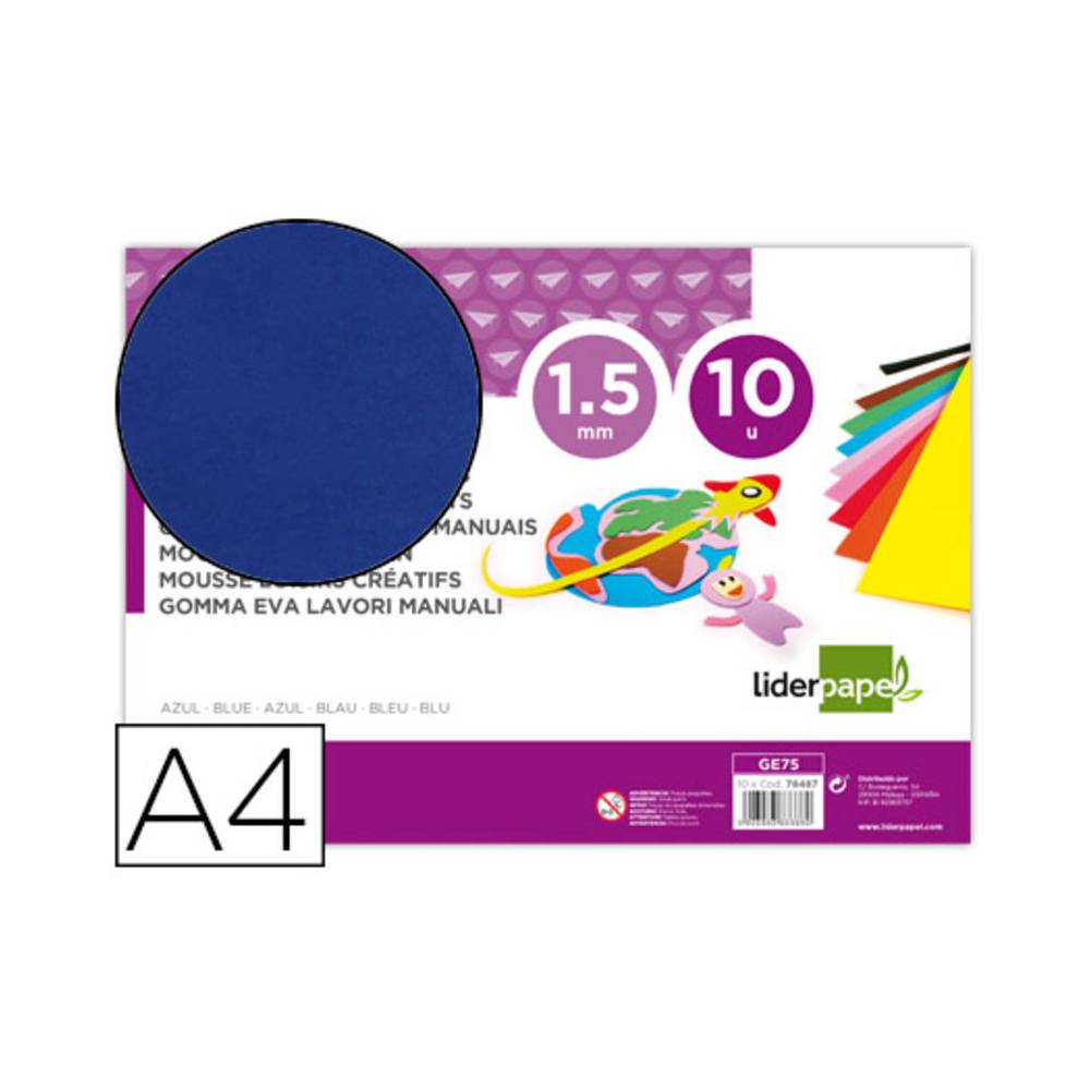 Goma eva liderpapel din a4 60g/m2 espesor 1,5mm azul paquete de 10 hojas