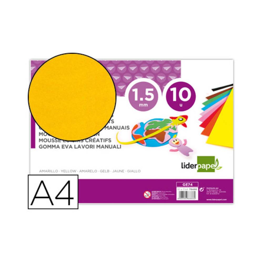 Goma eva liderpapel din a4 60g/m2 espesor 1,5mm amarillo paquete de 10 hojas