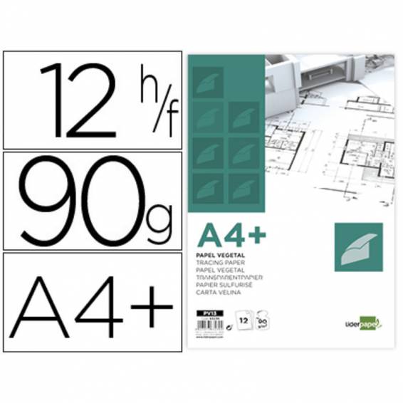 Papel dibujo liderpapel a4+ 320x240mm 90g/m2 vegetal sobre de 12 hojas