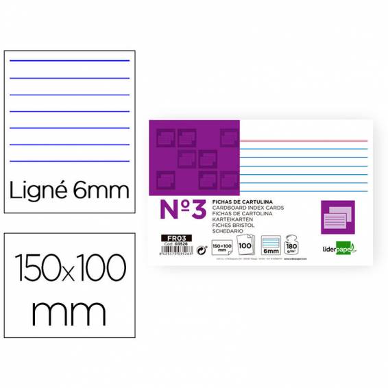 Ficha liderpapel rayada nº3 100x150 mm 180g/m2 paquete de 100 unidades