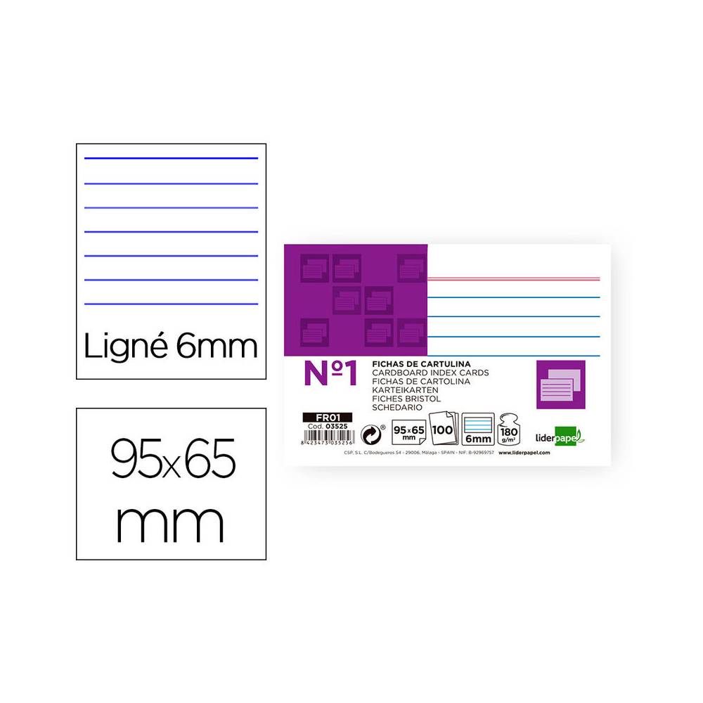 Ficha liderpapel rayada nº1 65x95 mm 180g/m2 paquete de 100 unidades