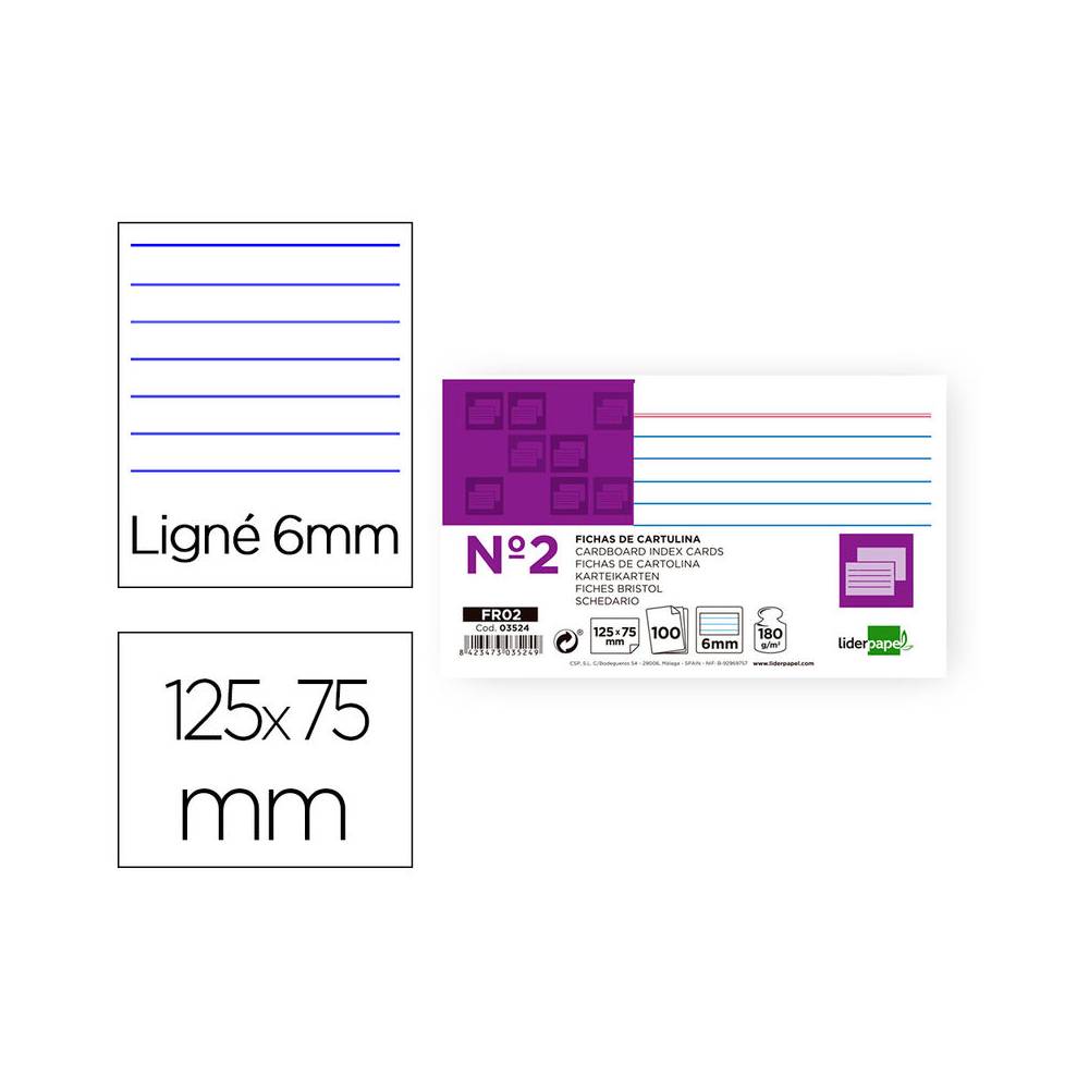 Ficha liderpapel rayada nº2 75x125 mm 180g/m2 paquete de 100 unidades