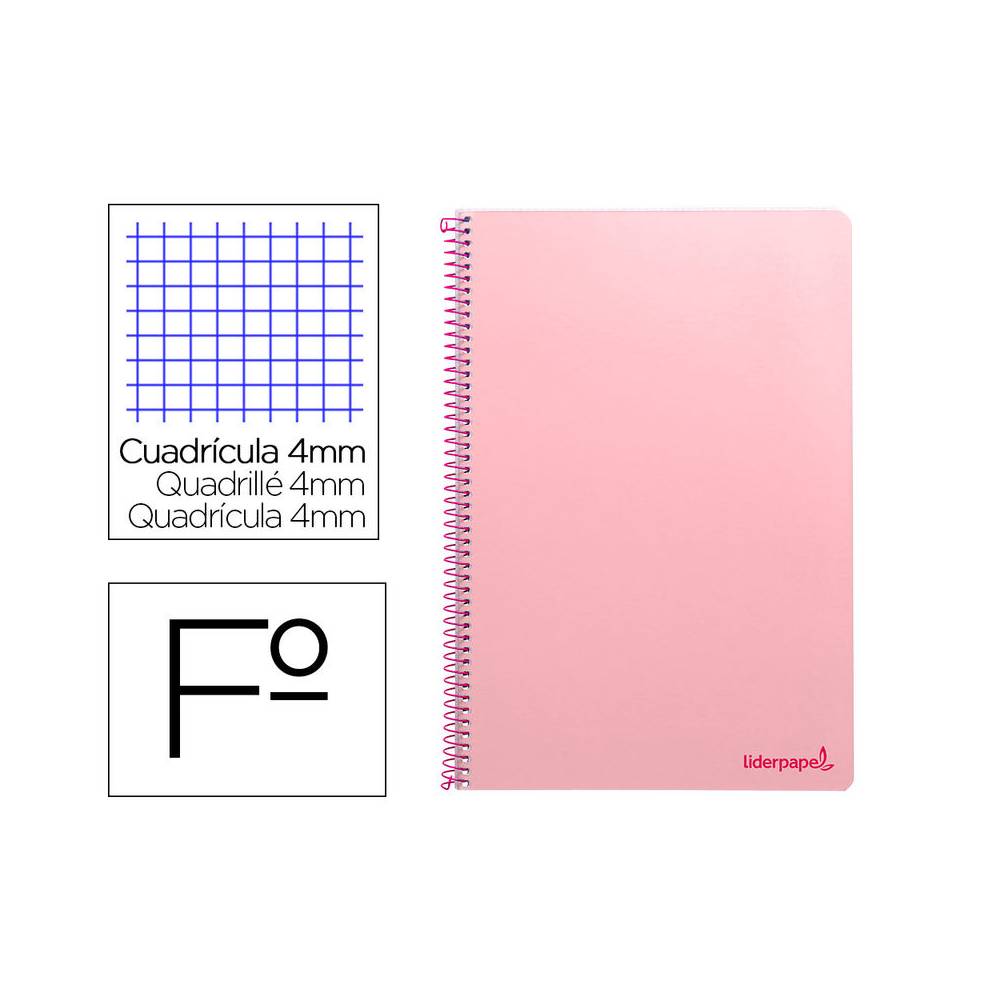 Cuaderno espiral liderpapel folio smart tapa blanda 80h 60gr cuadro 4mm con margen color rosa