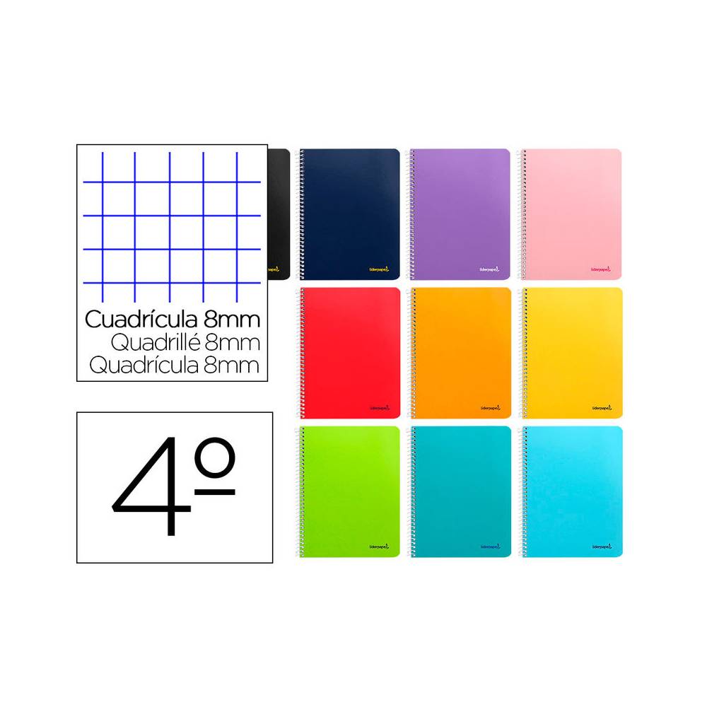 Cuaderno espiral liderpapel cuarto smart tapa blanda 80h 60gr cuadro 8mm con margen colores surtidos