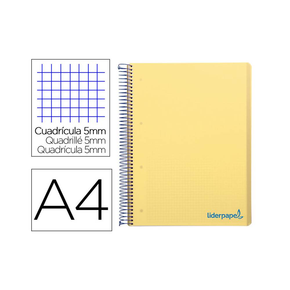 Cuaderno espiral liderpapel a4 micro wonder tapa plastico 120h 90 gr cuadro 5 mm 5 banda4 taladros color amarillo