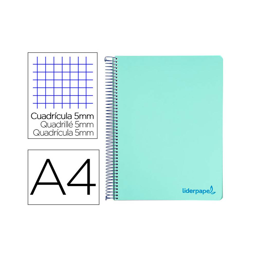 Cuaderno espiral liderpapel a4 micro wonder tapa plastico 120h 90 gr cuadro 5 mm 5 bandas 4 taladros color verde