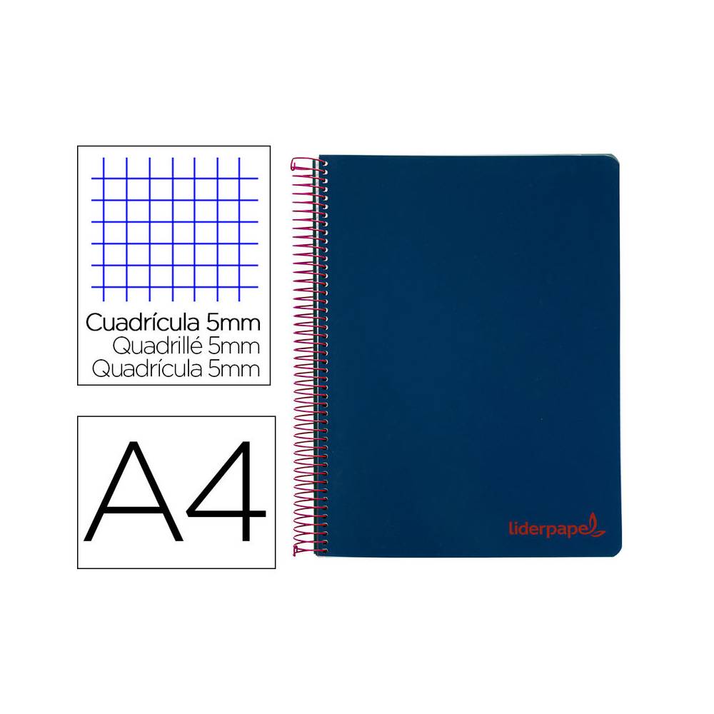 Cuaderno espiral liderpapel a4 micro wonder tapa plastico 120h 90 gr cuadro 5 mm 5 banda4 taladros color azul marino