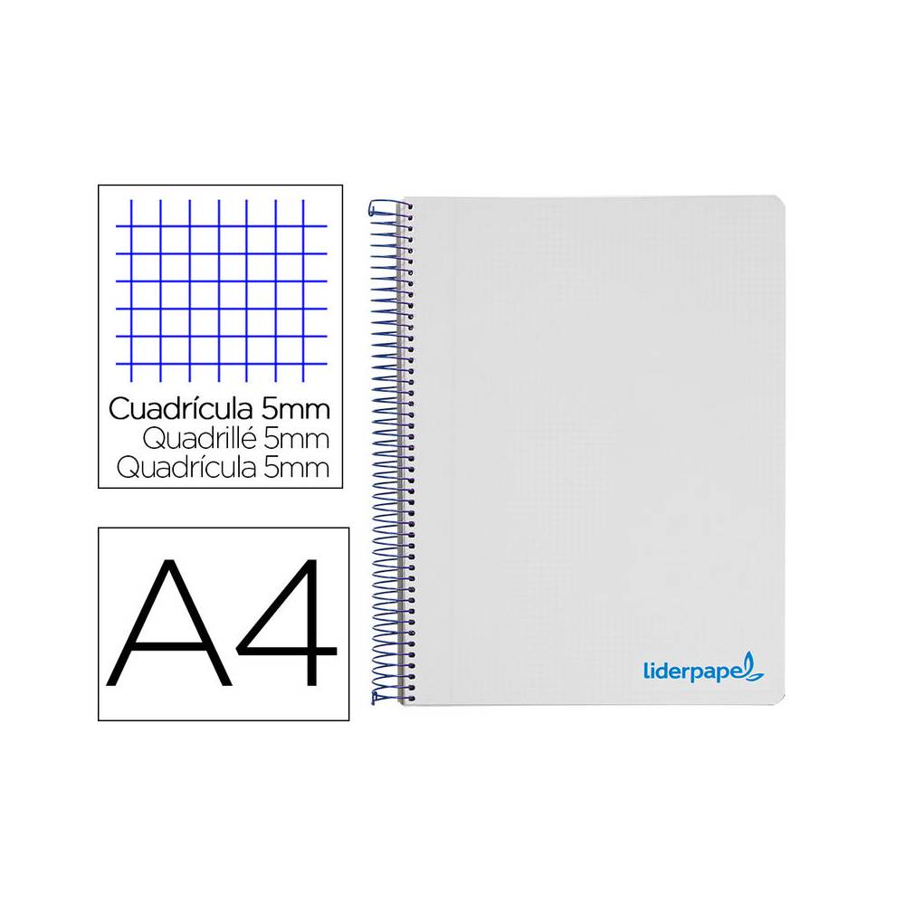 Cuaderno espiral liderpapel a4 micro wonder tapa plastico 120h 90 gr cuadro 5 mm 5 bandas 4 taladros color gris