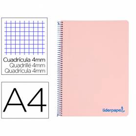 Cuaderno espiral liderpapel a4 wonder tapa plastico 80h 90gr cuadro 4mm con margen color rosa