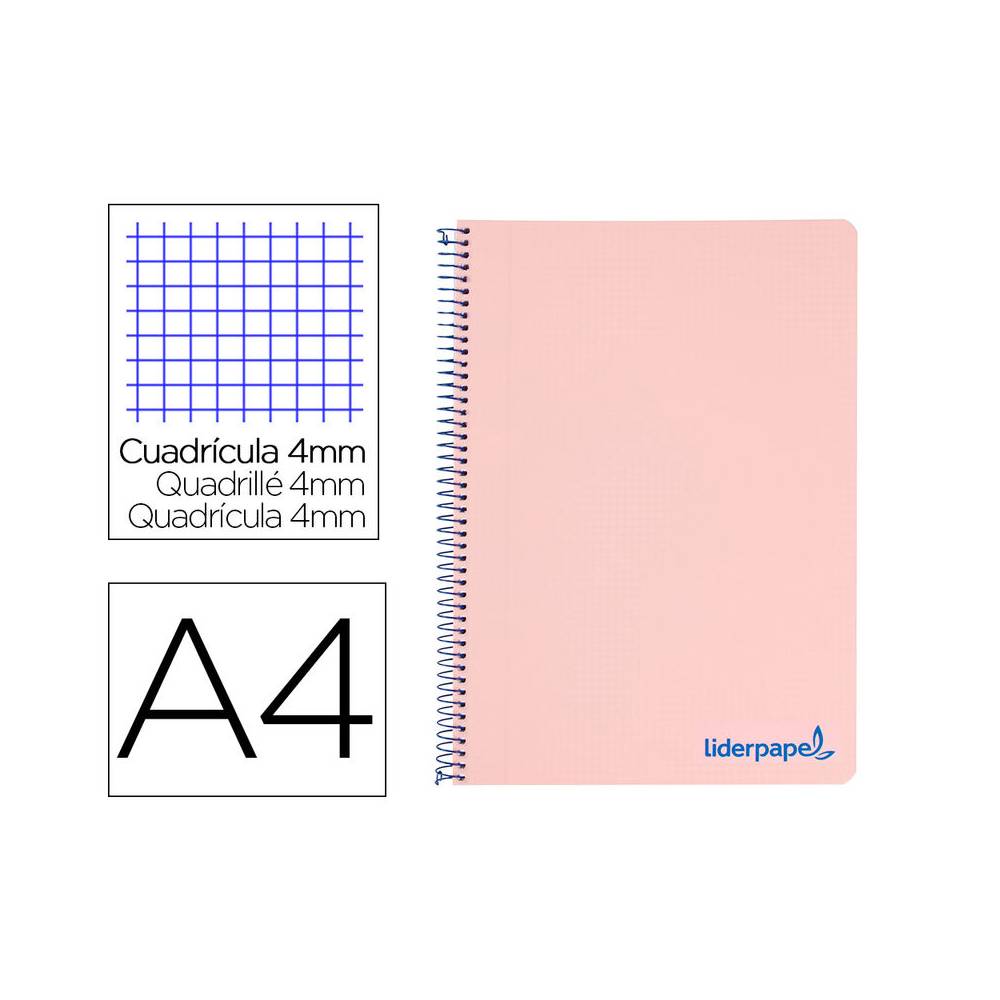 Cuaderno espiral liderpapel a4 wonder tapa plastico 80h 90gr cuadro 4mm con margen color rosa