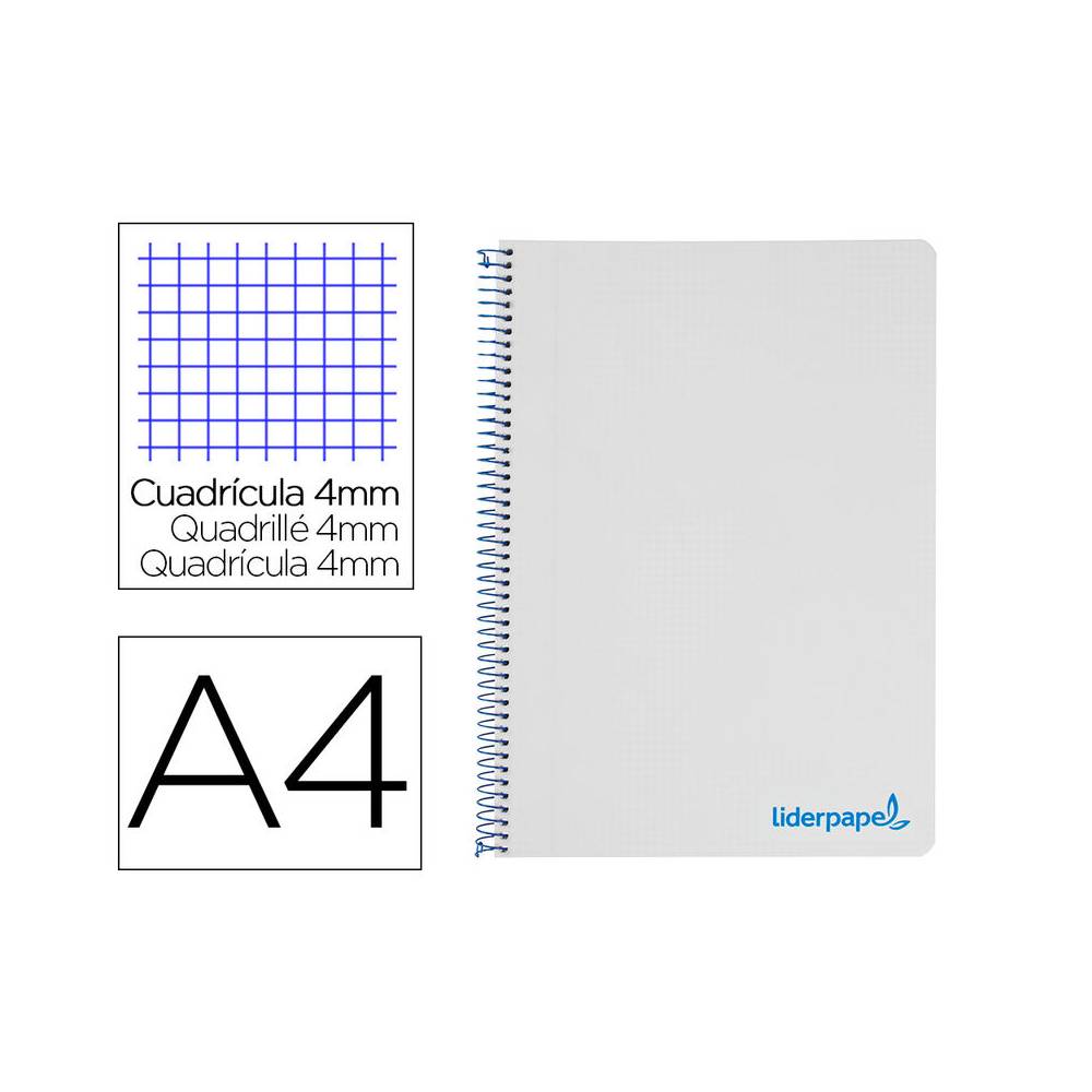 Cuaderno espiral liderpapel a4 wonder tapa plastico 80h 90gr cuadro 4mm con margen color gris