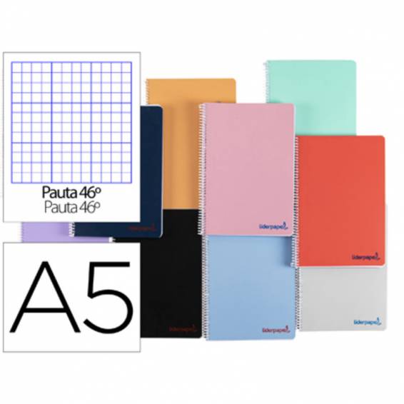 Cuaderno espiral liderpapel a5 wonder tapa plastico 80h 90g rayado n.46 colores surtidos