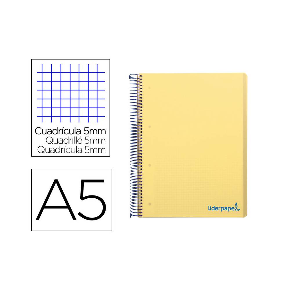 Cuaderno espiral liderpapel a5 micro wonder tapa plastico 120h 90g cuadro 5mm 5 bandas 6 taladros color amarillo