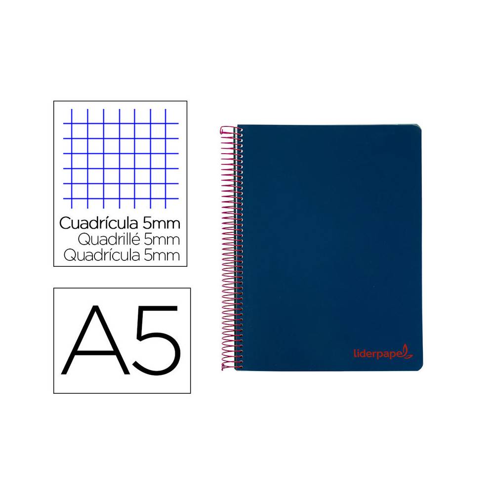 Cuaderno espiral liderpapel a5 micro wonder tapa plastico 120h 90g cuadro 5mm 5 bandas 6 taladros color azul marino