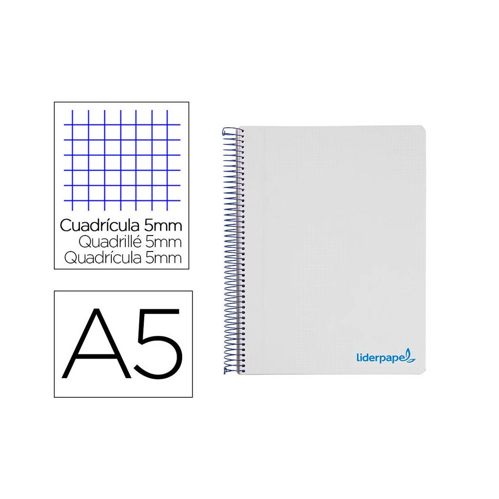 Cuaderno espiral liderpapel a5 micro wonder tapa plastico 120h 90g cuadro 5mm 5 bandas 6 taladros color gris