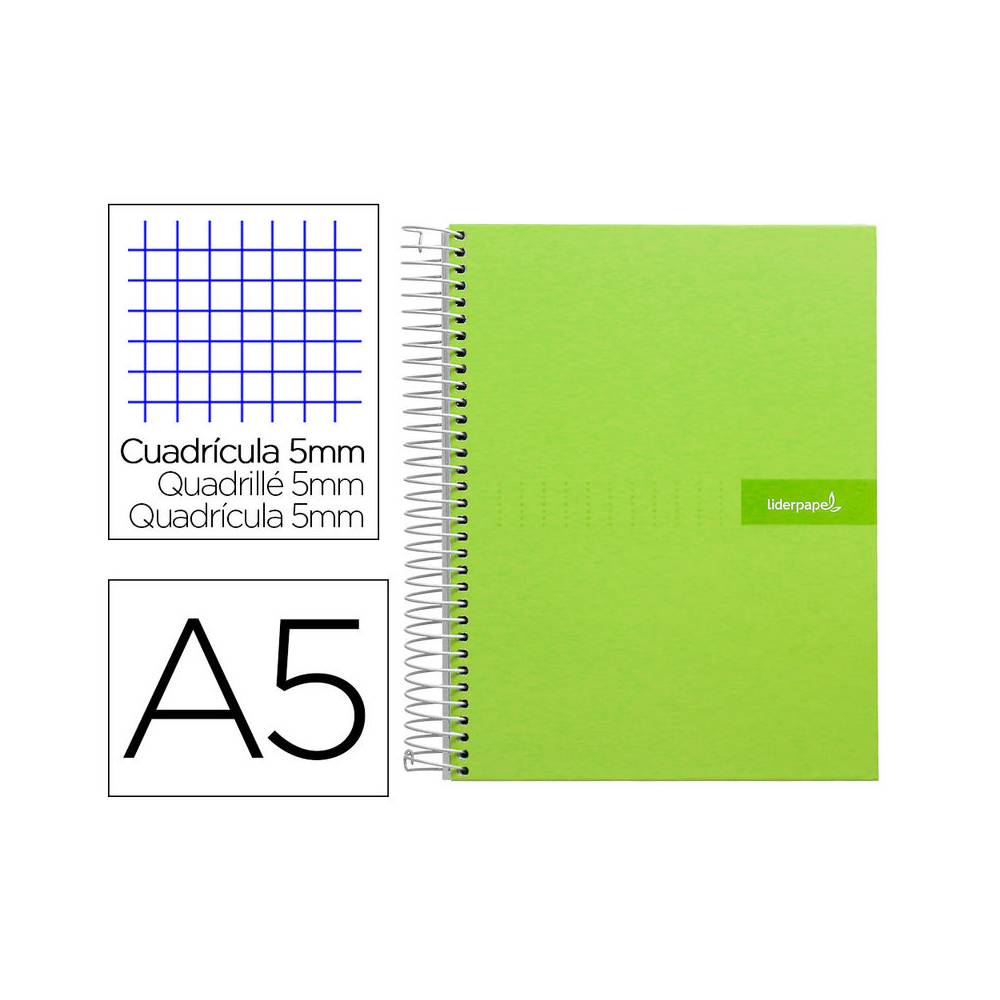 Cuaderno espiral liderpapel a5 micro crafty tapa forrada 120h 90 gr cuadro 5mm 5 bandas6 taladros color verde