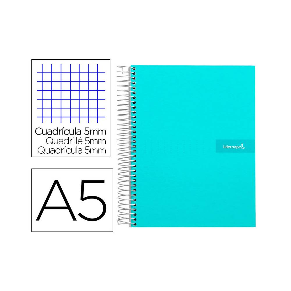 Cuaderno espiral liderpapel a5 micro crafty tapa forrada 120h 90 gr cuadro 5mm 5 bandas6 taladros color turquesa