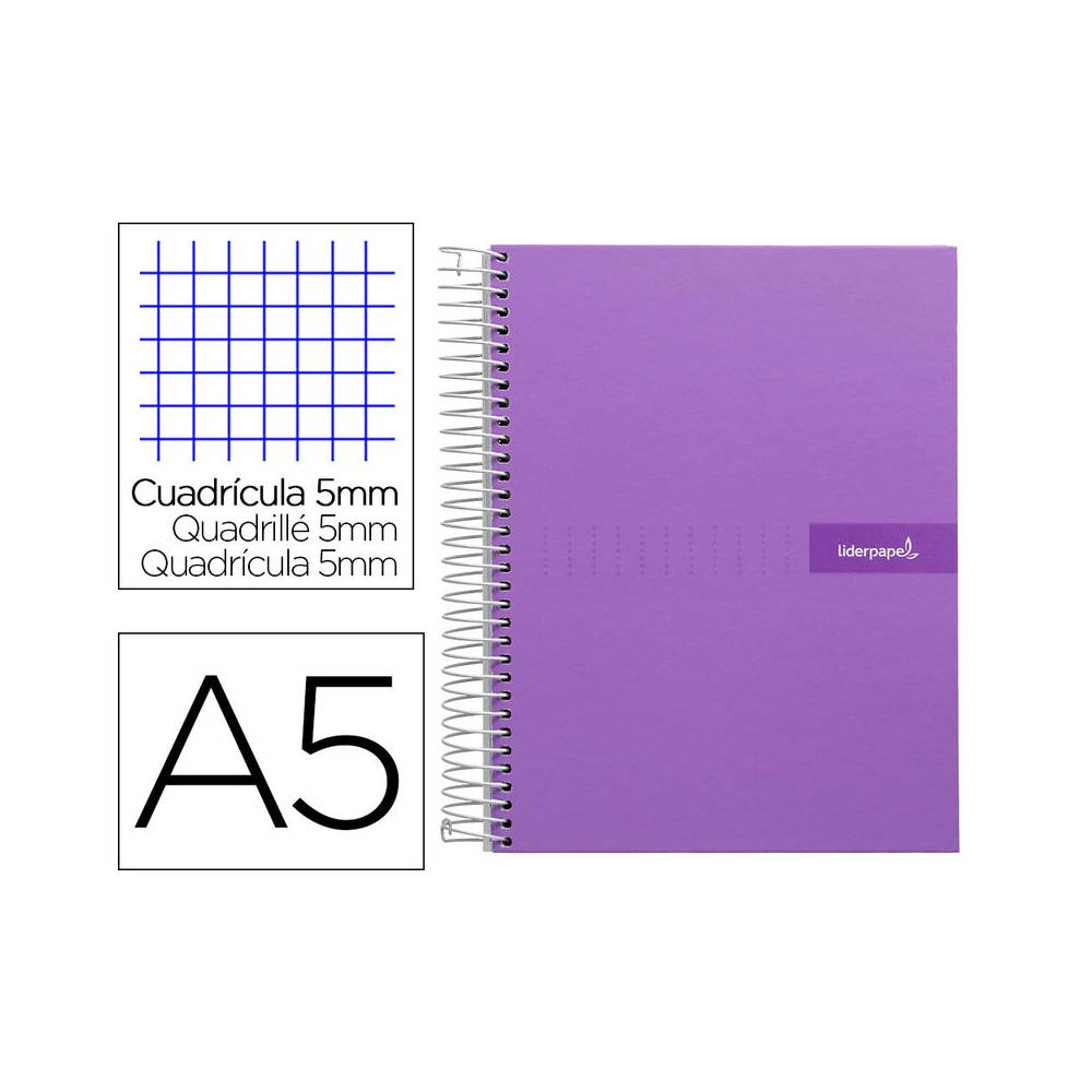 Cuaderno espiral liderpapel a5 micro crafty tapa forrada 120h 90 gr cuadro 5mm 5 bandas6 taladros color violeta