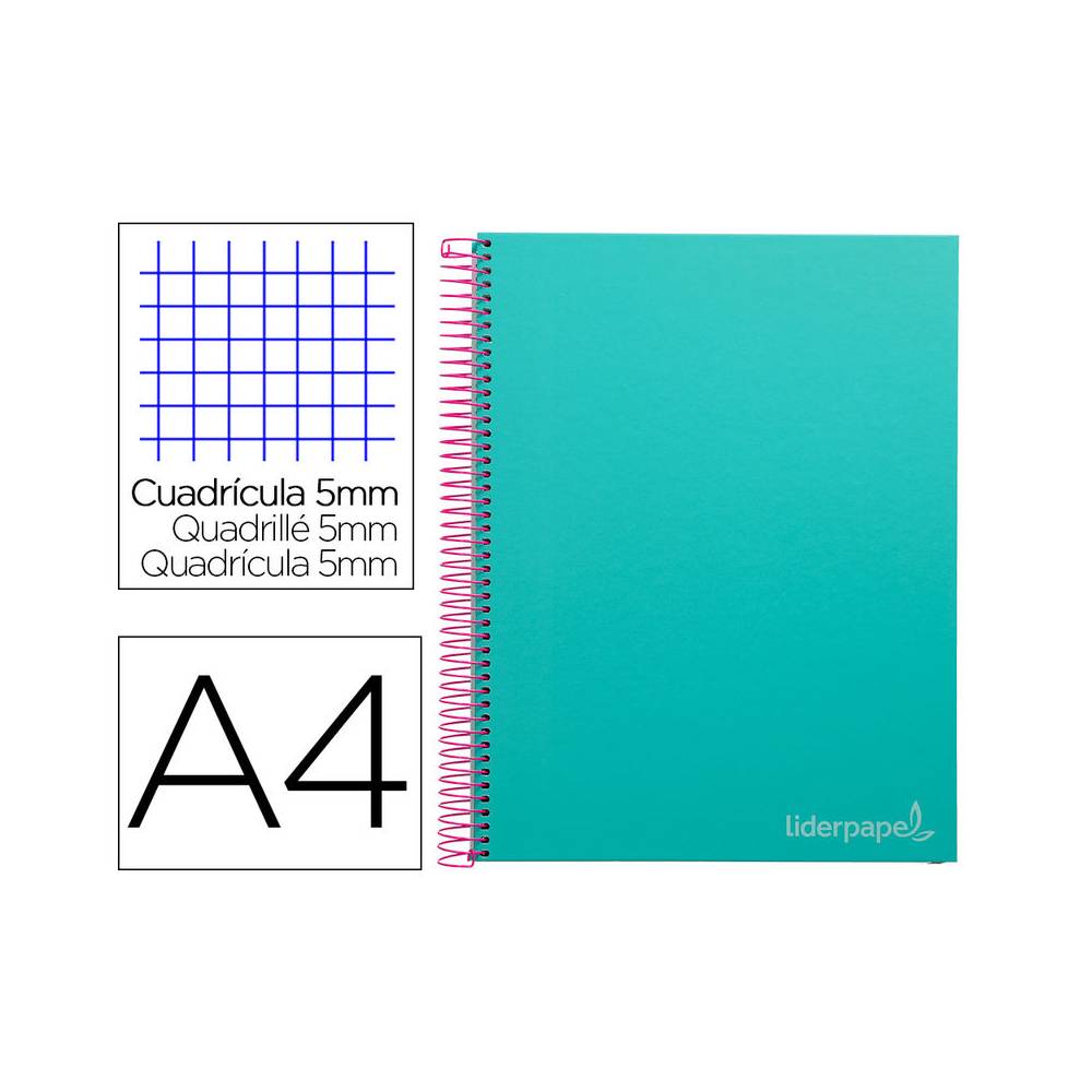 Cuaderno espiral liderpapel a4 micro jolly tapa forrada 140h 75 gr cuadro 5mm 5 bandas4 taladros color turquesa