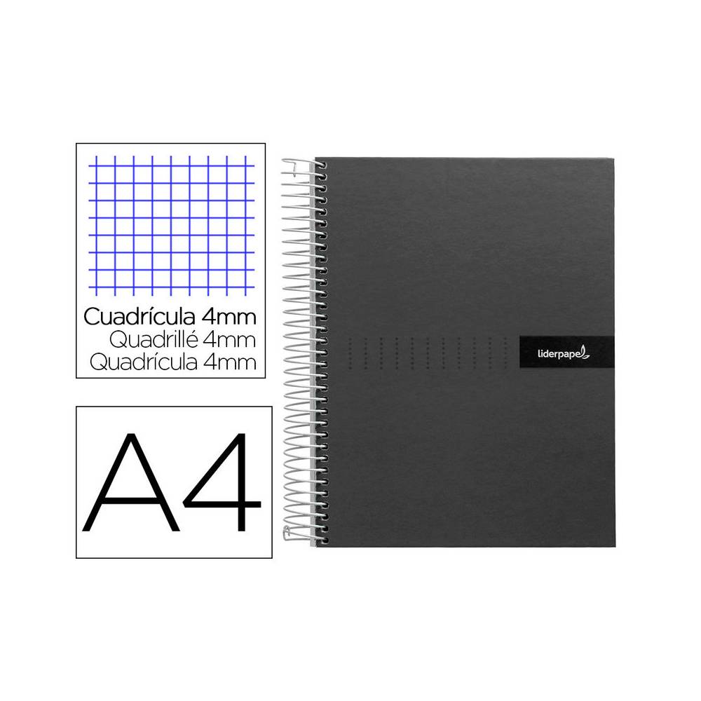 Cuaderno espiral liderpapel a4 crafty tapa forrada 80h 90 gr cuadro 4mm con margen color negro