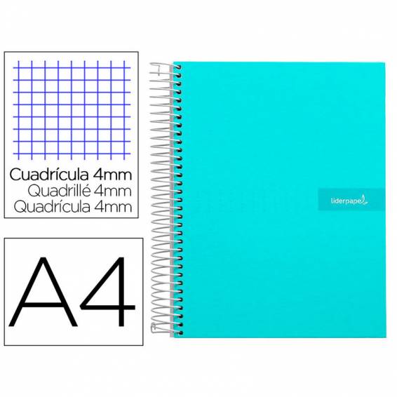 Cuaderno espiral liderpapel a4 crafty tapa forrada 80h 90 gr cuadro 4mm con margen color turquesa