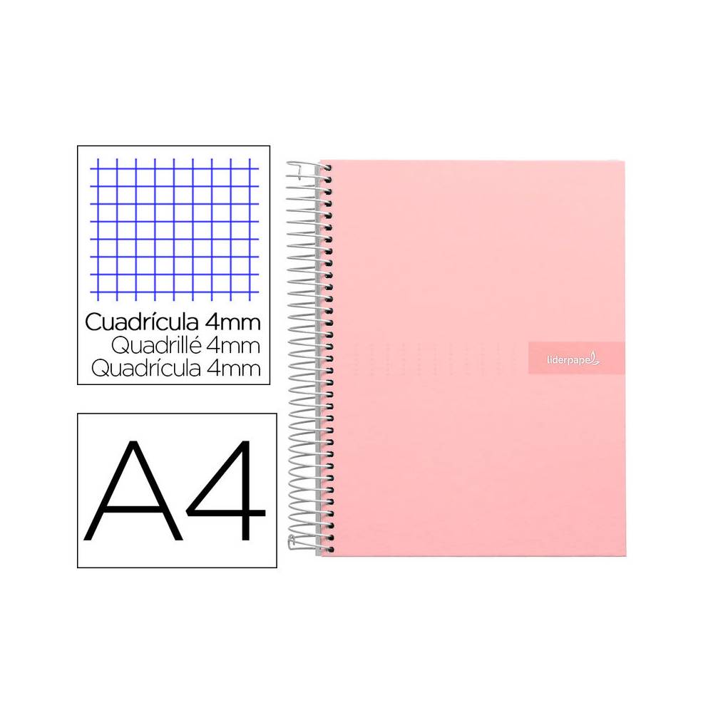 Cuaderno espiral liderpapel a4 crafty tapa forrada 80h 90 gr cuadro 4mm con margen color rosa