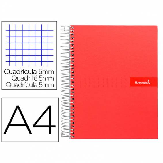 Cuaderno espiral liderpapel a4 micro crafty tapa forrada 120h 90 gr cuadro 5 mm 5 bandas 4 colores color rojo