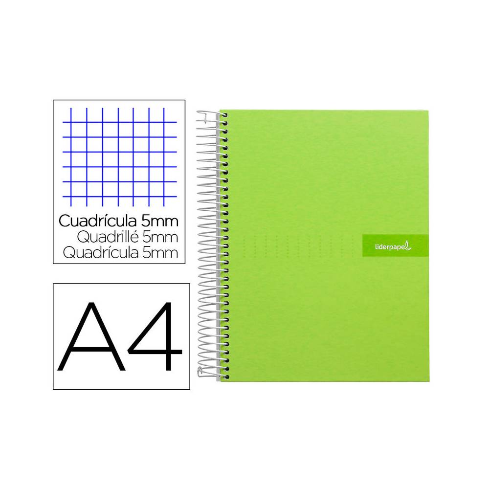 Cuaderno espiral liderpapel a4 micro crafty tapa forrada 120h 90 gr cuadro 5 mm 5 bandas 4 colores color verde