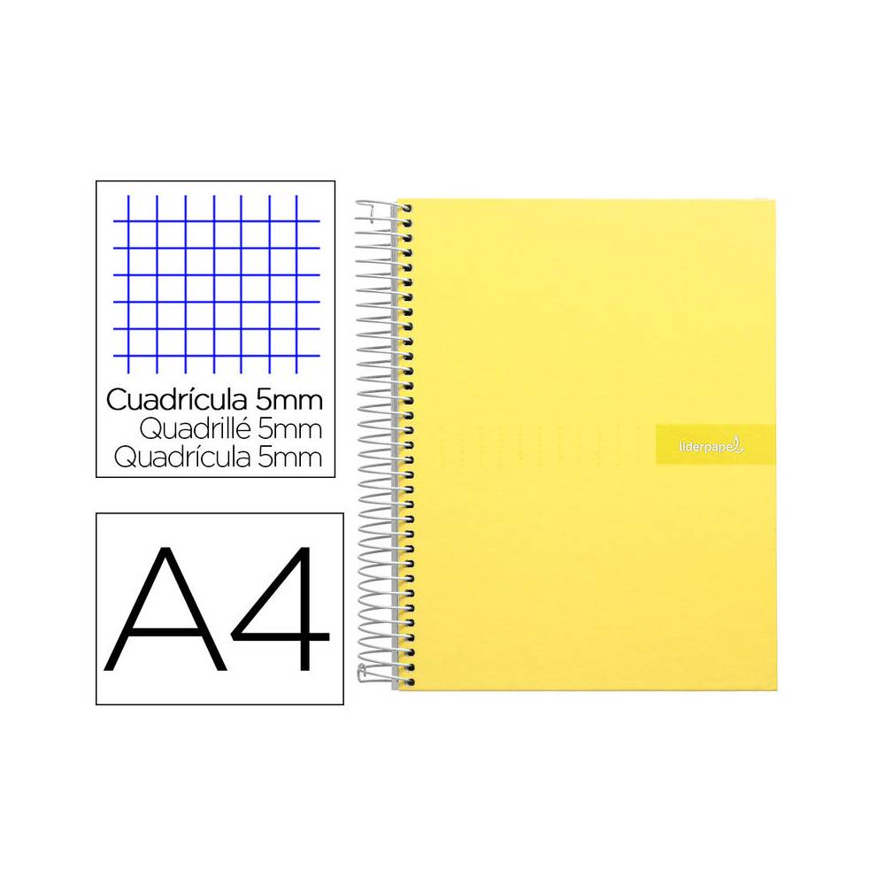 Cuaderno espiral liderpapel a4 micro crafty tapa forrada 120h 90gr cuadro 5mm 5 bandas 4 taladros color amarillo