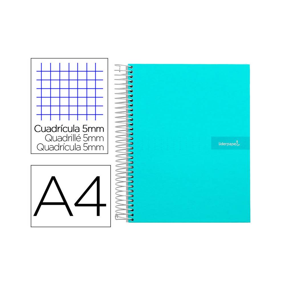 Cuaderno espiral liderpapel a4 micro crafty tapa forrada 120h 90gr cuadro 5mm 5 bandas 4 taladros color turquesa