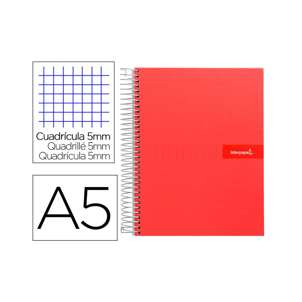 Cuaderno espiral liderpapel a5 micro crafty tapa forrada 120h 90 gr cuadro 5mm 5 bandas6 taladros color rojo