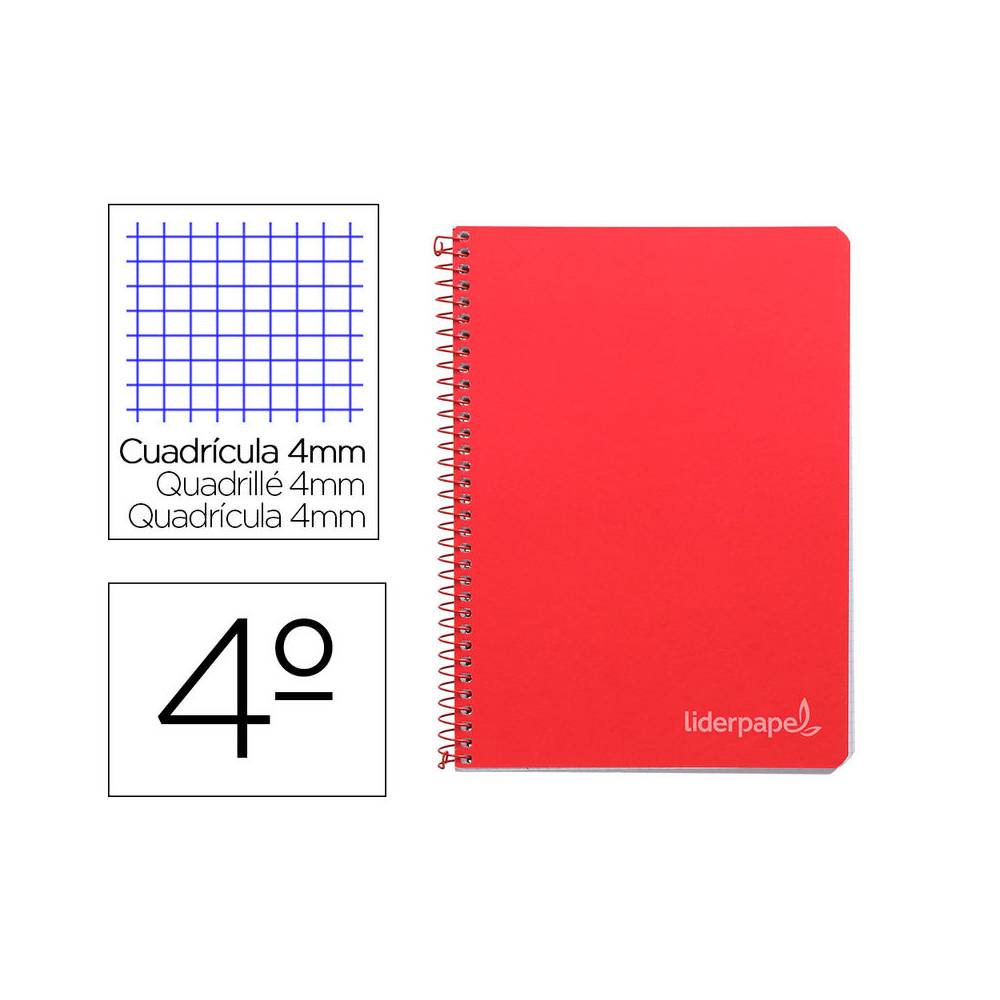 Cuaderno espiral liderpapel cuarto witty tapa dura 80h 75gr cuadro 4mm con margen color rojo